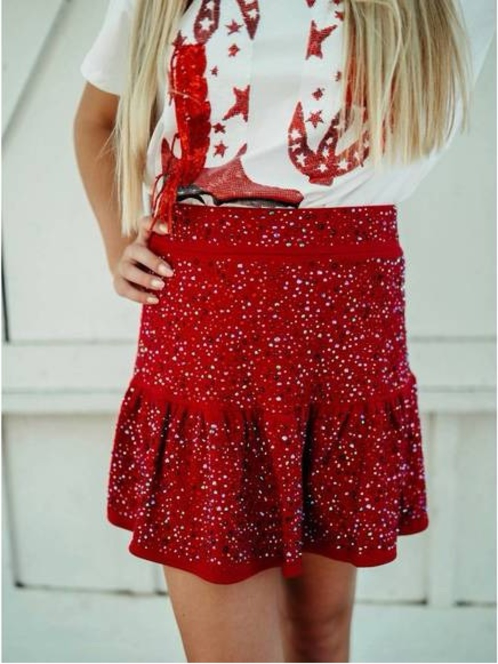 Queen Of Sparkles Red Skater Skirt Rhinestone Embellishment Sz S